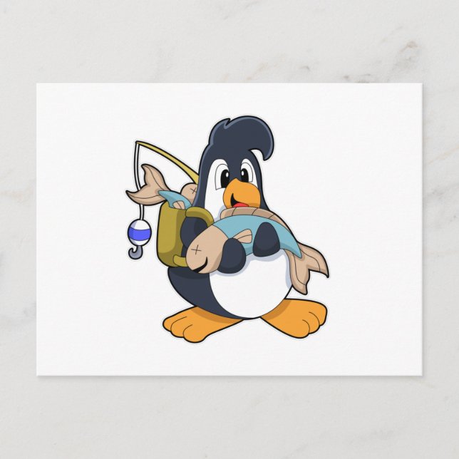 Pinguin als Angler mit Fisch Postkarte (Vorderseite)