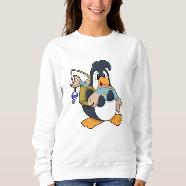 Pinguin als Angler mit Fisch Sweatshirt (Vorderseite)