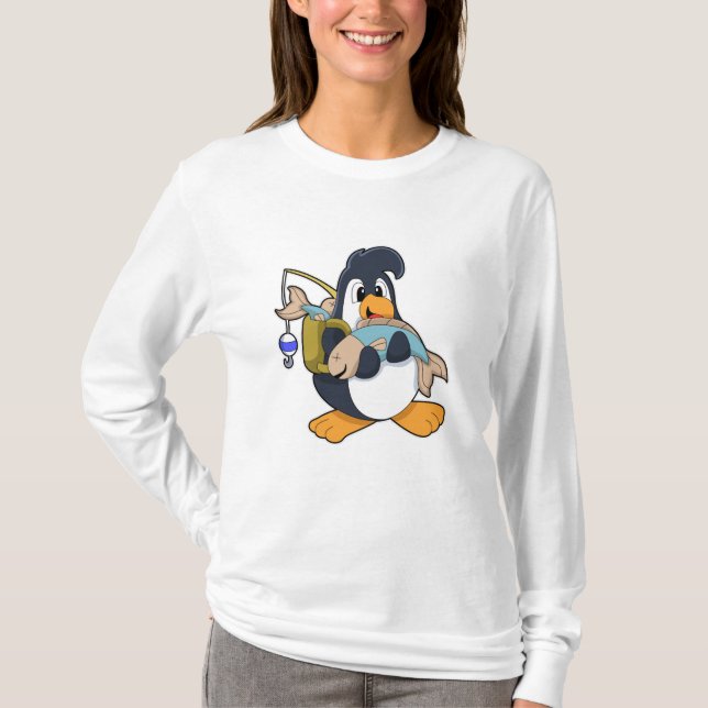 Pinguin als Angler mit Fisch T-Shirt (Vorderseite)