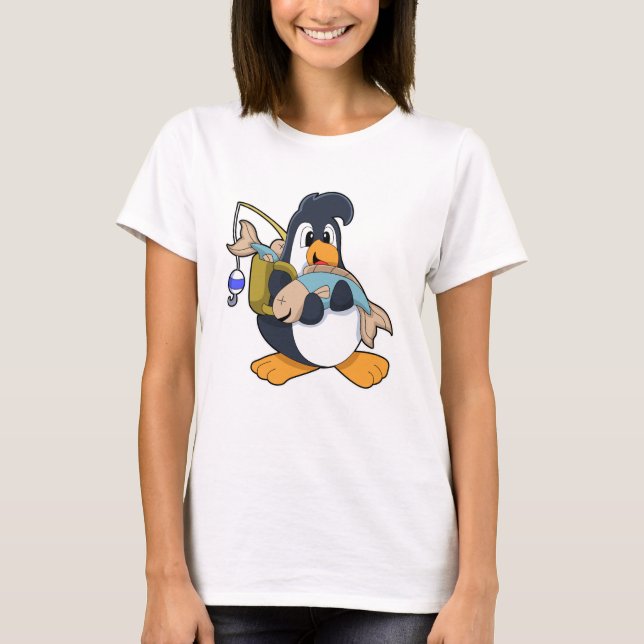 Pinguin als Angler mit Fisch T-Shirt (Vorderseite)