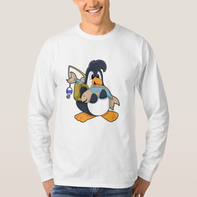 Pinguin als Angler mit Fisch T-Shirt (Vorderseite)
