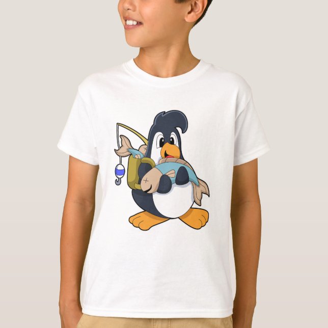 Pinguin als Angler mit Fisch T-Shirt (Vorderseite)