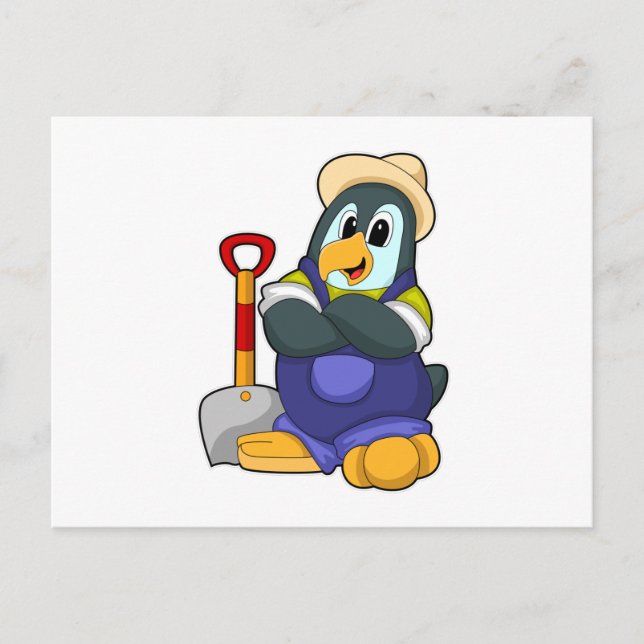 Pinguin als Bauer mit Shovel Postkarte (Vorderseite)