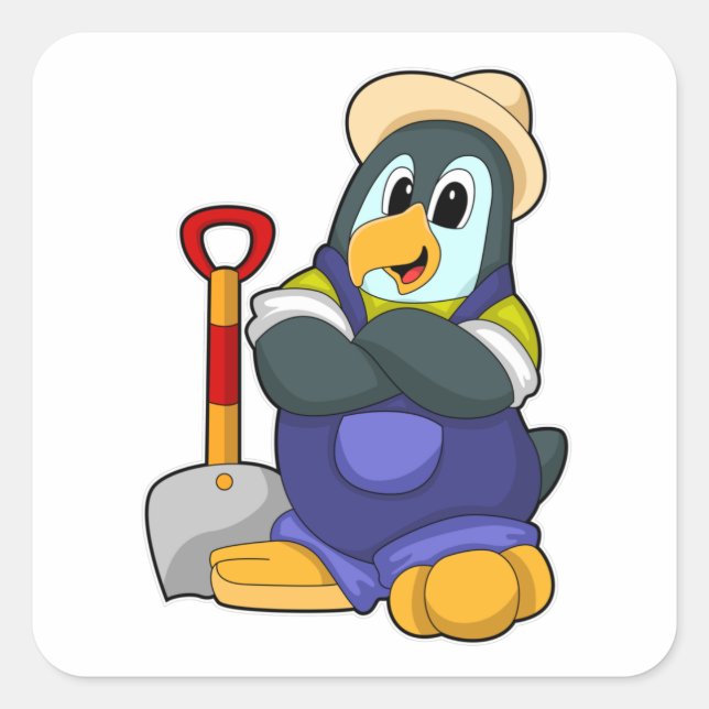 Pinguin als Bauer mit Shovel Quadratischer Aufkleber (Vorderseite)