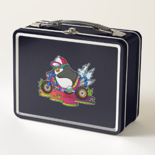 Pinguin als Biker mit Motorrad Metall Brotdose