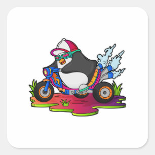 Pinguin als Biker mit Motorrad Quadratischer Aufkleber
