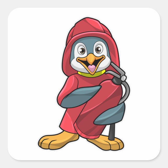 Pinguin als Feuerwehrmann mit Feuerlöscher Quadratischer Aufkleber (Vorderseite)
