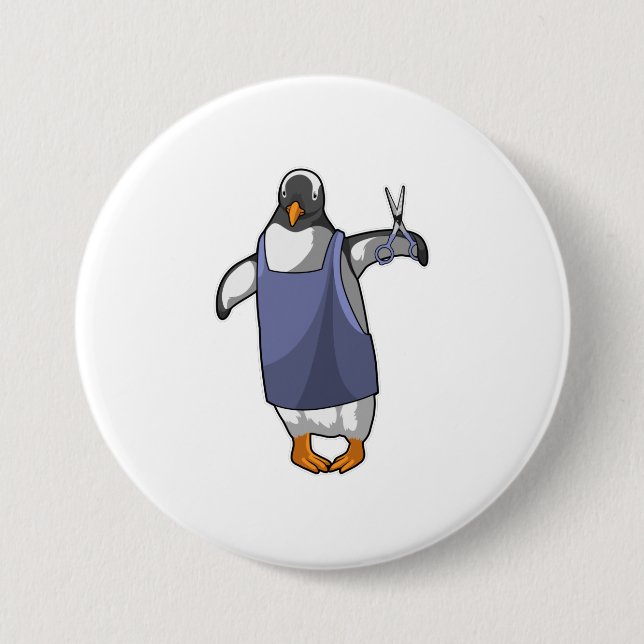Pinguin als Friseur mit Schere Button (Vorderseite)