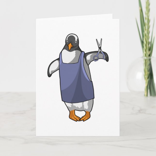 Pinguin als Friseur mit Schere Karte (Vorderseite)