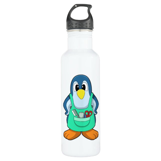 Pinguin als Friseur mit Schere & Razor Edelstahlflasche (Vorderseite)