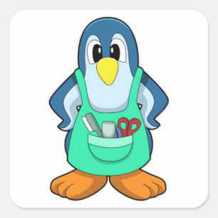 Pinguin als Friseur mit Schere & Razor Quadratischer Aufkleber
