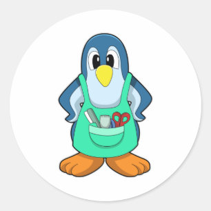 Pinguin als Friseur mit Schere & Razor Runder Aufkleber