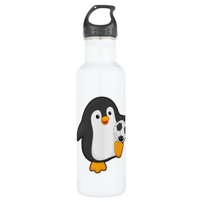 Pinguin als Fußballspieler mit Fußball Edelstahlflasche (Vorderseite)
