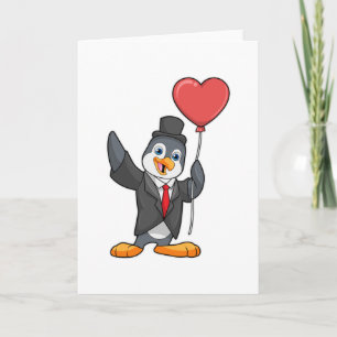 Pinguin als Groom mit Herz Ballon Karte