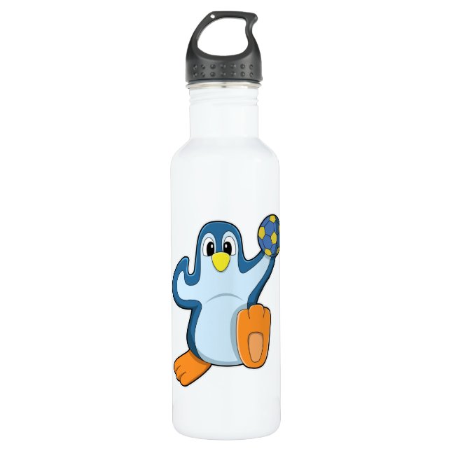 Pinguin als Handballspieler mit Handball Edelstahlflasche (Vorderseite)