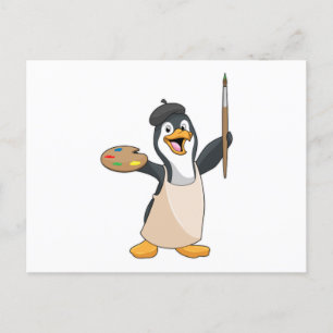 Pinguin als Maler mit Pinsel & Farbe Postkarte