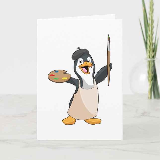 Pinguin als Maler mit Pinsel und Farbe Karte (Vorderseite)