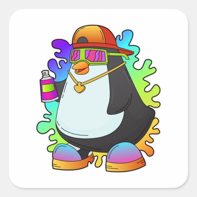 Pinguin als Maler mit Spray Quadratischer Aufkleber (Vorderseite)