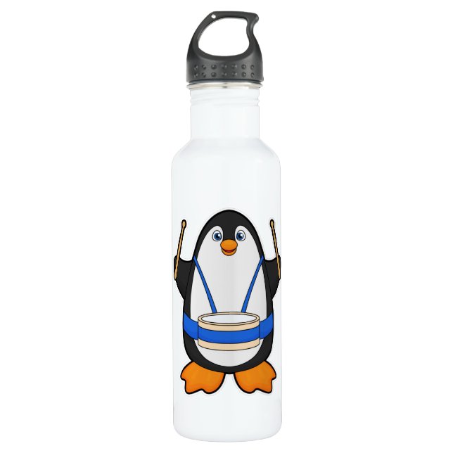 Pinguin als Musiker mit Drum Edelstahlflasche (Vorderseite)