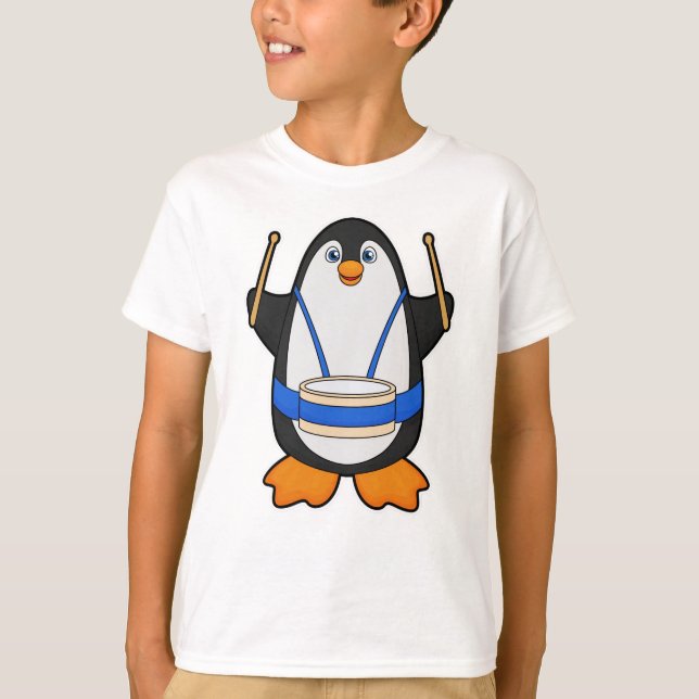 Pinguin als Musiker mit Drum T-Shirt (Vorderseite)