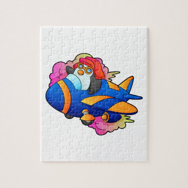 Pinguin als Pilot mit Flugzeug Puzzle (Vertikal)