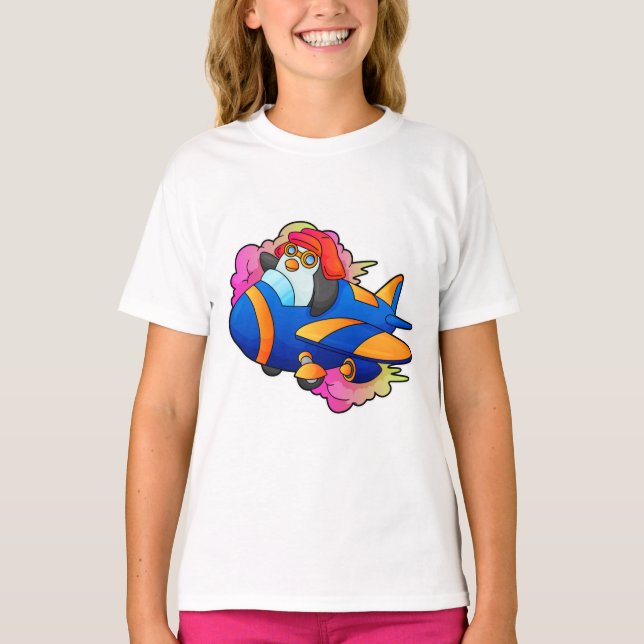 Pinguin als Pilot mit Flugzeug T-Shirt (Vorderseite)