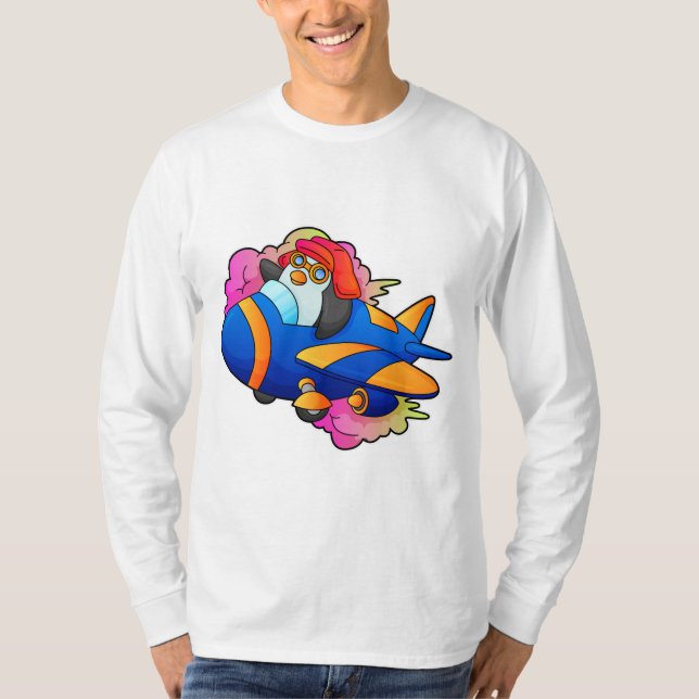 Pinguin als Pilot mit Flugzeug T-Shirt (Vorderseite)