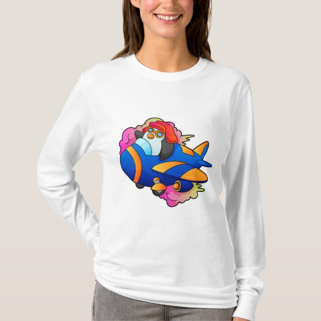 Pinguin als Pilot mit Flugzeug T-Shirt (Vorderseite)
