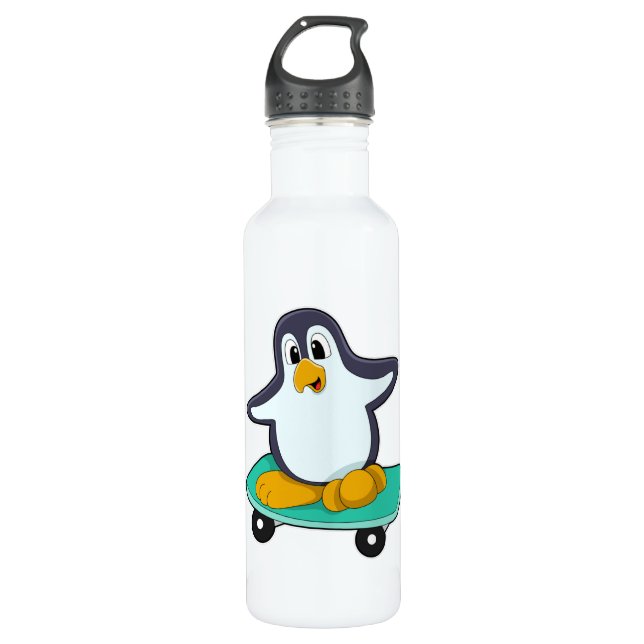 Pinguin als Skater auf Skateboard Edelstahlflasche (Vorderseite)