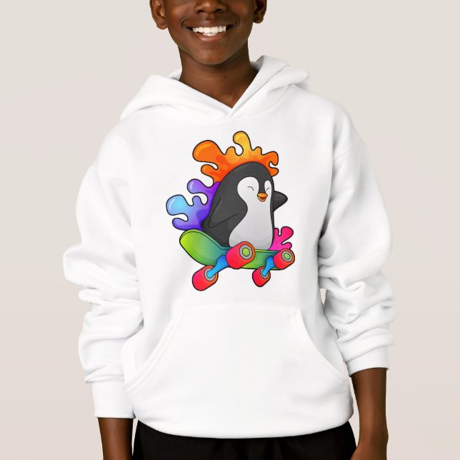 Pinguin als Skater mit Skateboard Hoodie (Vorderseite)