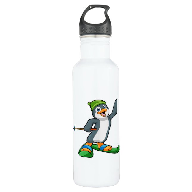 Pinguin als Skier mit Ski & Cap Edelstahlflasche (Vorderseite)