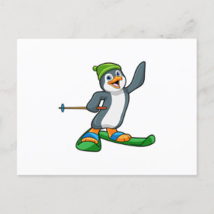 Pinguin als Skier mit Ski & Cap Postkarte