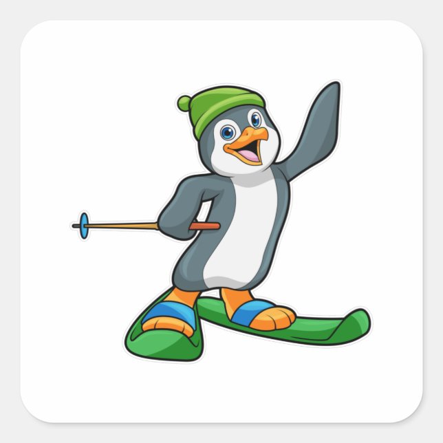 Pinguin als Skier mit Ski & Cap Quadratischer Aufkleber (Vorderseite)