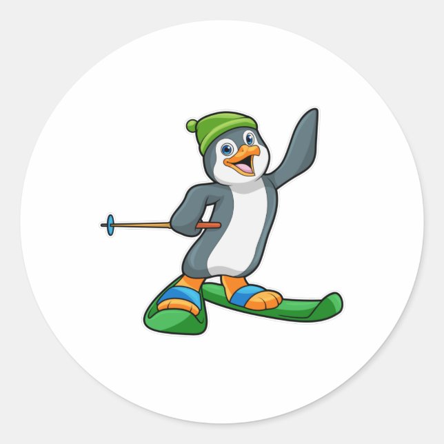 Pinguin als Skier mit Ski & Cap Runder Aufkleber (Vorderseite)