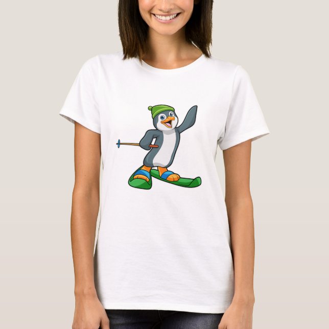 Pinguin als Skier mit Ski & Cap T-Shirt (Vorderseite)