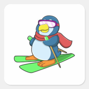 Pinguin als Skier mit Ski Scarf & Sonnenbrille Quadratischer Aufkleber
