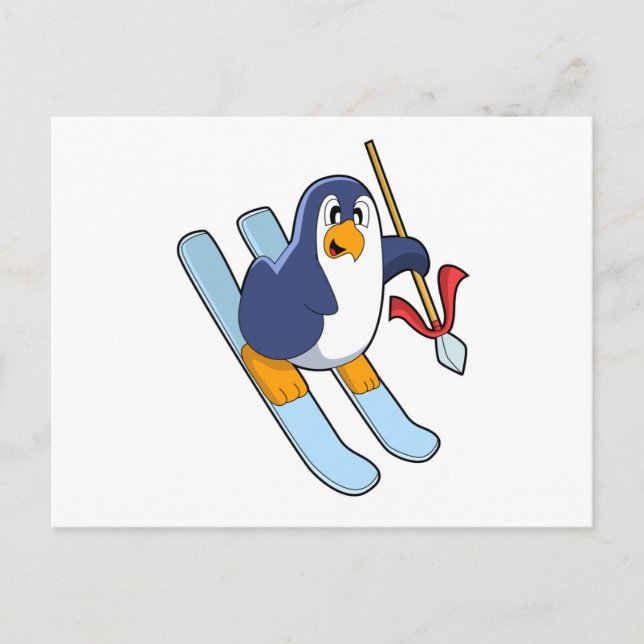 Pinguin als Skifahrer mit Ski Postkarte (Vorderseite)