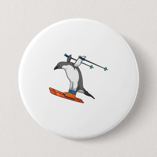 Pinguin als Skijumper mit Ski Button (Vorderseite)