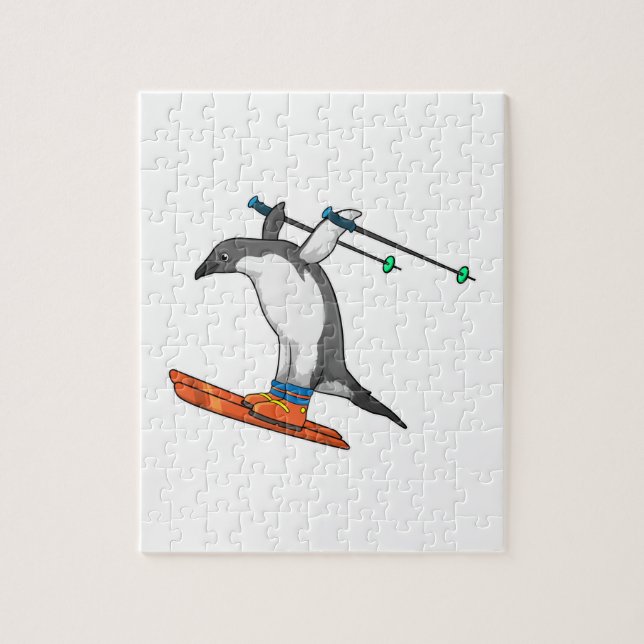 Pinguin als Skijumper mit Ski Puzzle (Vertikal)