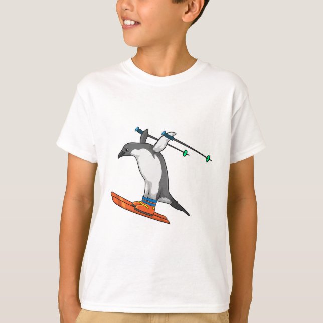 Pinguin als Skijumper mit Ski T-Shirt (Vorderseite)