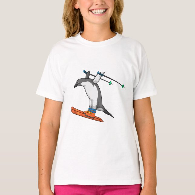 Pinguin als Skijumper mit Ski T-Shirt (Vorderseite)