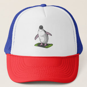 Pinguin als Snowboarder mit Snowboard Truckerkappe