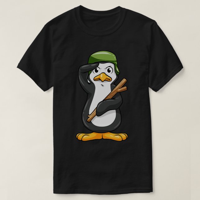 Pinguin als Soldat mit Helm und Militärsalat T-Shirt (Design vorne)