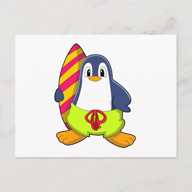 Pinguin als Surfer mit Surfbrett Postkarte (Vorderseite)
