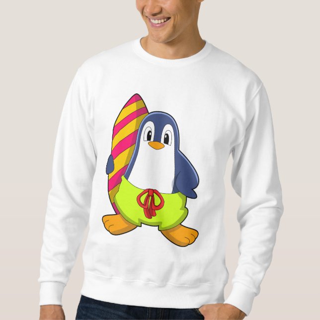 Pinguin als Surfer mit Surfbrett Sweatshirt (Vorderseite)