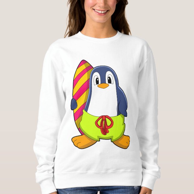 Pinguin als Surfer mit Surfbrett Sweatshirt (Vorderseite)