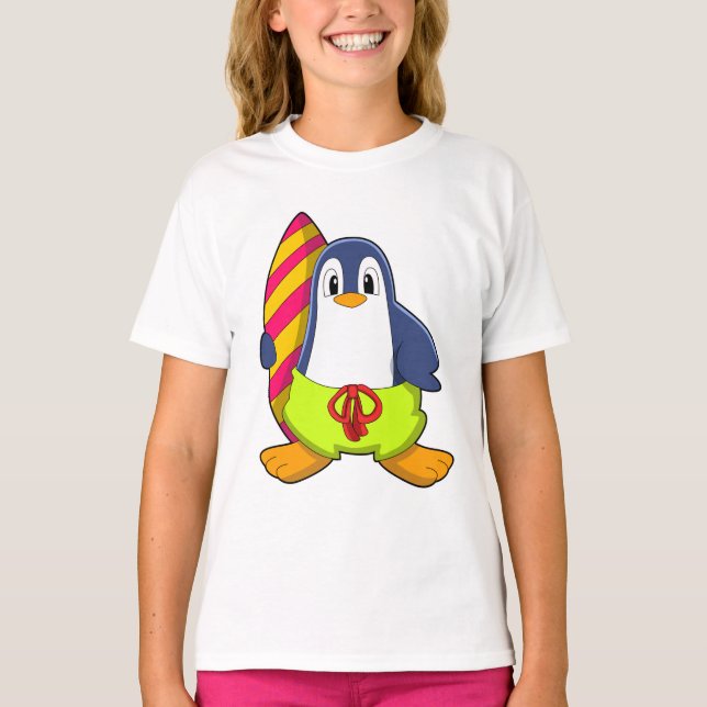 Pinguin als Surfer mit Surfbrett T-Shirt (Vorderseite)
