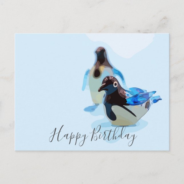 Pinguin auf blauem Hintergrund Wasserfarbe Geburts Postkarte (Vorderseite)
