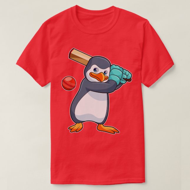 Pinguin auf Cricket mit Cricket-Fledermaus T-Shirt (Design vorne)