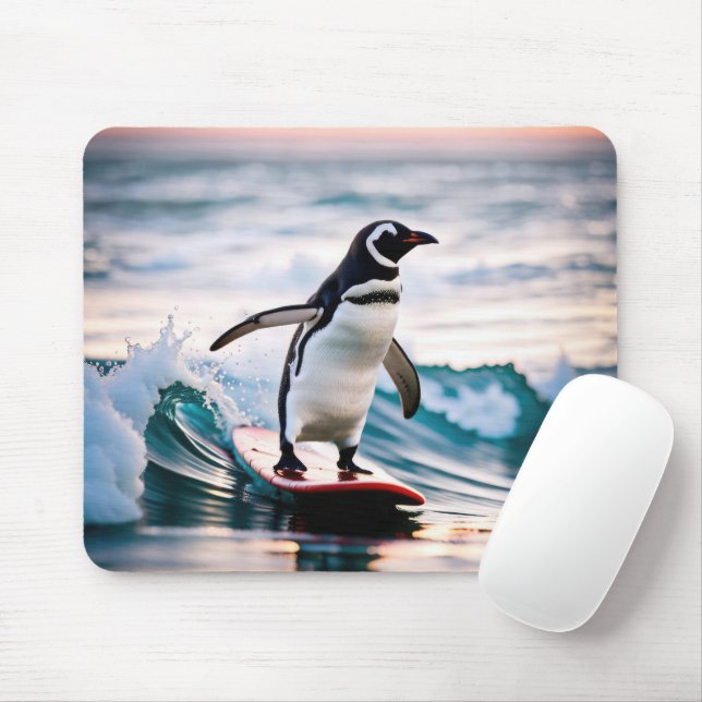 Pinguin auf einem Surfbrett Mousepad (Mit Mouse)